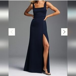 BHLDN / Anthropologie Sophia Square-Neck Satin Dress in Navy